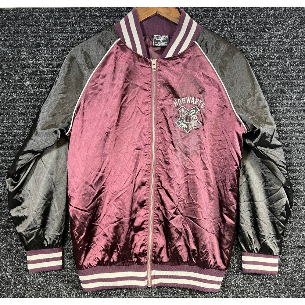 HarryPotter Hogwarts Satin Bomber Jacket Unisex Size M (Women/Junior) Plum/Black